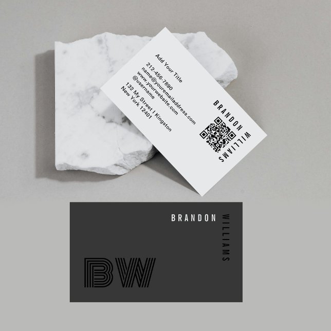 Professionell Black Grått QR kod Minimal Monogram Visitkort (Skapare uppladdad)