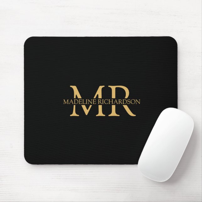 Professionell Black Guld Monogram Namn Initialer Musmatta (Med mus)