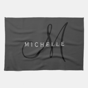Professionell Black Monogram Grått Ditt namn Kökshandduk