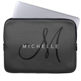 Professionell Black Monogram Grått Ditt namn Laptop Fodral
