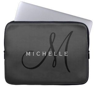 Professionell Black Monogram Grått Ditt namn Laptop Fodral