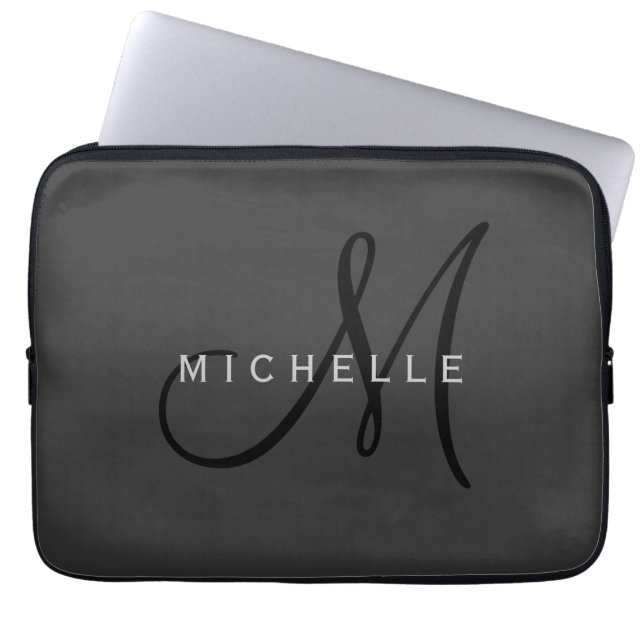 Professionell Black Monogram Grått Ditt namn Laptop Fodral (Framsidan)