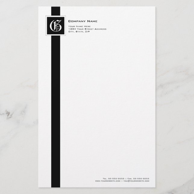 Professionell Black & White Rand Monogram Brevpapper (Framsida)