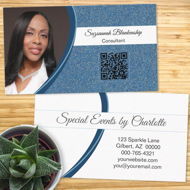 Professionell Blue Glitter Anpassningsbar Photo QR Visitkort (Skapare uppladdad)