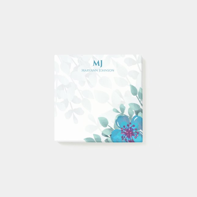 Professionell Blue Watercolor Flowers Personlig Post-it Block (Framsida)