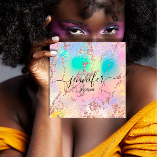 Professionell Boutique Shop Ro Holograph  Fyrkantigt Visitkort (Professional Boutique Shop Rose Holograph Blush Square Business Card)