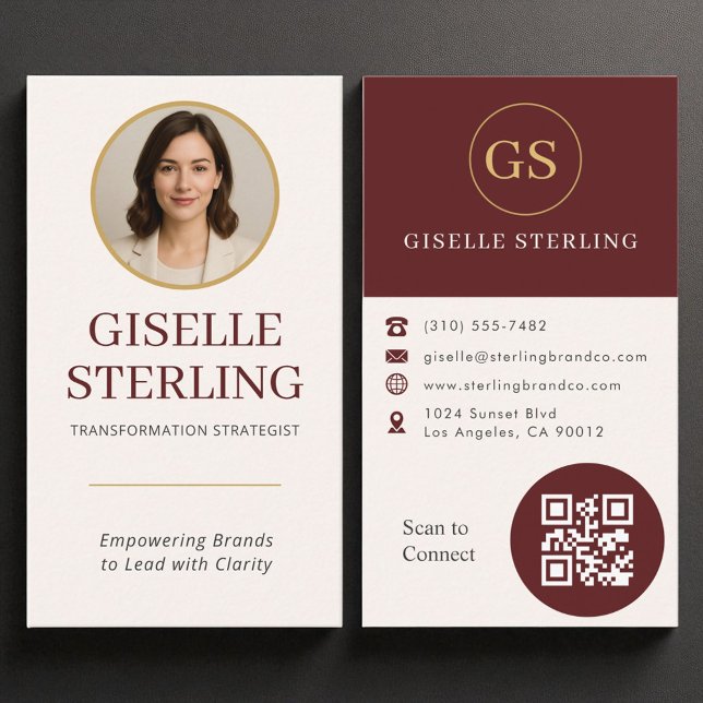Professionell Burgundy Guld Photo QR Code Modern Visitkort (Skapare uppladdad)
