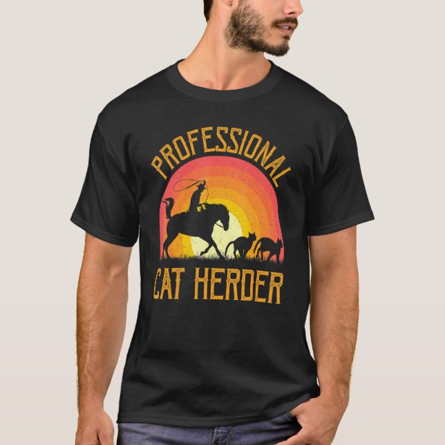 Professionell Cat Herder In to Retro Sunset T Shirt (Framsida)