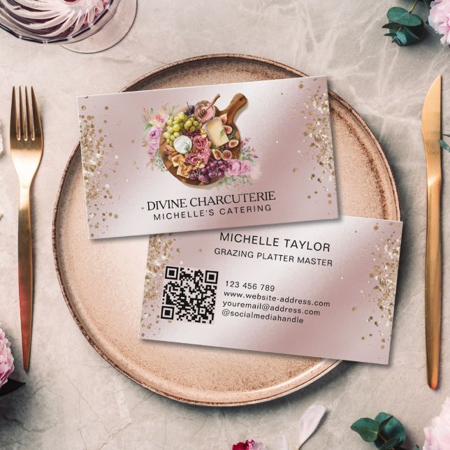 Professionell Charcuterie Catering Grazing Board Visitkort (ROUND GRAZING ROSE GOLD BACKGROUND)