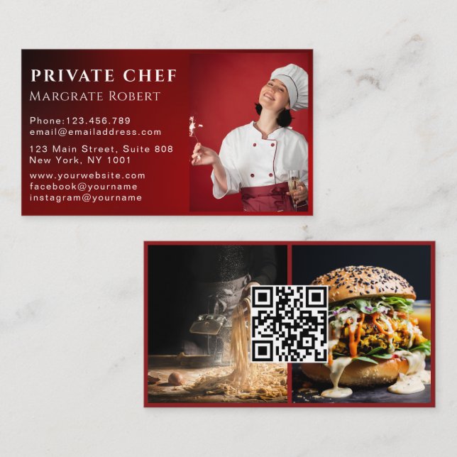 Professionell Chef Social Media QR Red Photo Visitkort (Fram/baksida)
