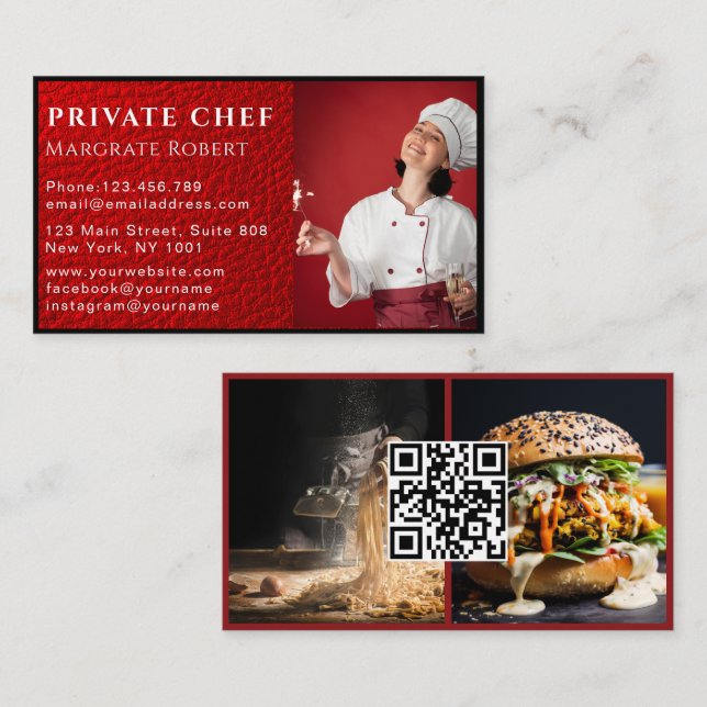 Professionell Chef Social Media QR Red Photo Visitkort (Fram/baksida)
