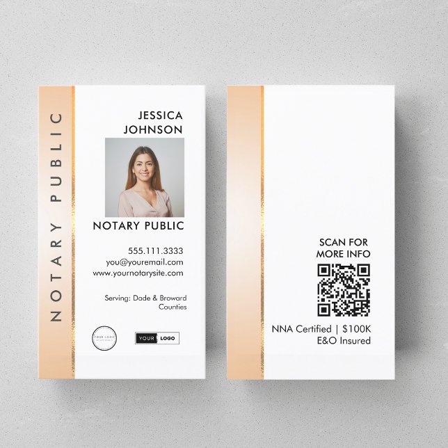 Professionell Classy Peach & Guld Photo Notary QR Visitkort (Skapare uppladdad)