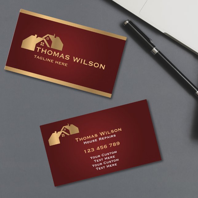 Professionell Construction Handyman Carpenter Tak Visitkort (modern carpenter handyman business cards with burgundy background and gold rooftops)