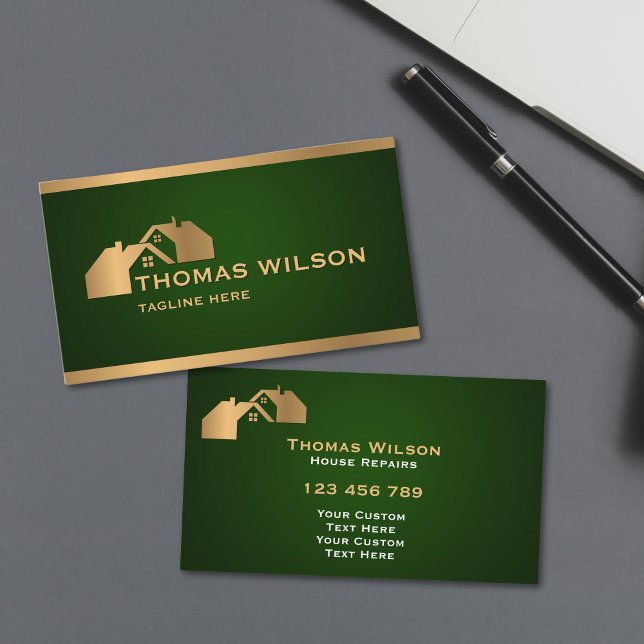 Professionell Construction Handyman Carpenter Tak Visitkort (modern carpenter handyman business cards with emerald green background and gold rooftops)