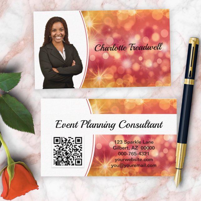 Professionell Coral Bokeh Gnistra Anpassningsbar P Visitkort (front and back business card custom photo and QR code design)