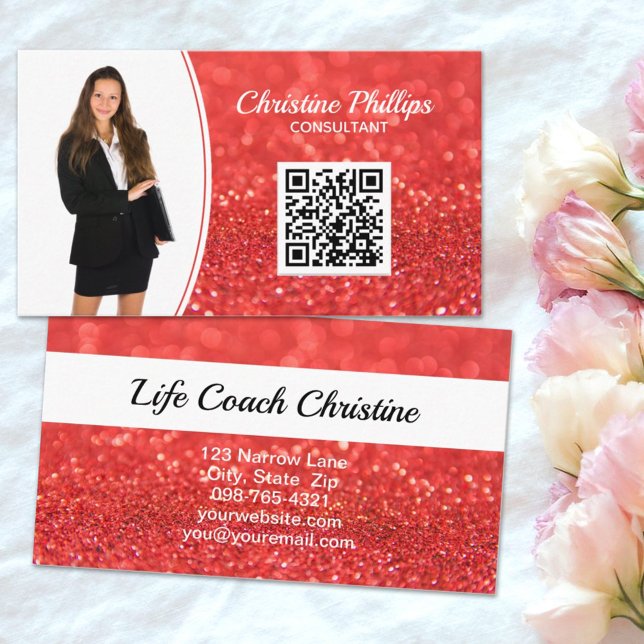 Professionell Coral Faux Glitter Anpassningsbar Ph Visitkort (The faux orange glitter business card is ready for your QR code link and photo to highlight you. )