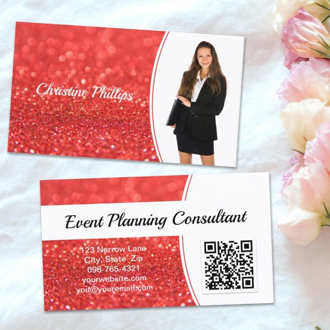 Professionell Coral Glitter Anpassningsbar Photo Q Visitkort (This business card design features QR code and custom photo on a faux orange background. )