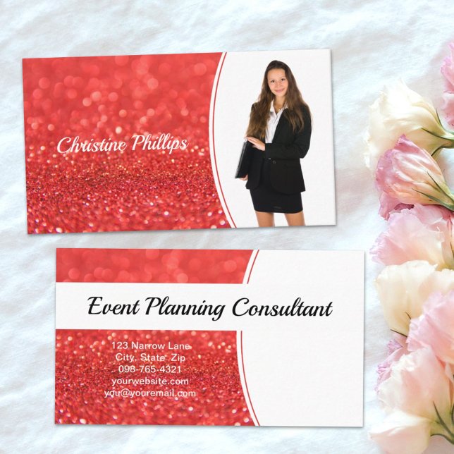 Professionell Coral Glitter Anpassningsbar Photo Visitkort (Show yourself on this custom photo designed faux orange glitter business card design.)