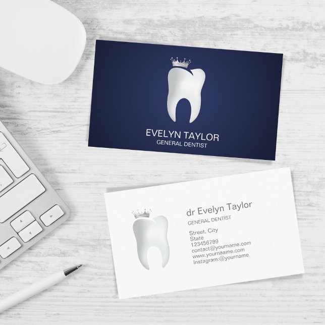 Professionell Dentist Dental Clinic tänder Whiteni Visitkort (tooth with a silver crown)