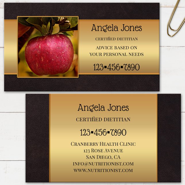 Professionell Dietist Nutritionist Foto Visitkort (Business card showing your photo framed by a dark brown leather and gold printed design - dietitian)