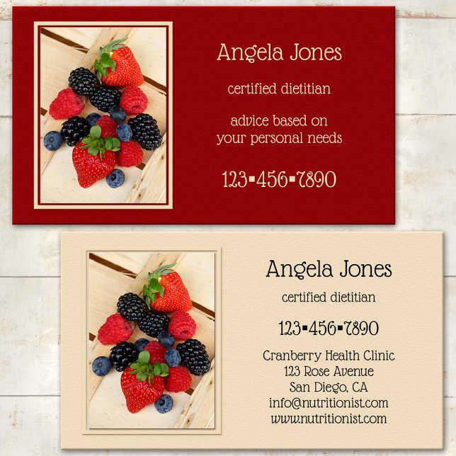 Professionell Dietitian Nutritionist Affärskort Visitkort (Business card featuring cheerful summer fruits on a crate background - dietitian - nutritionist)