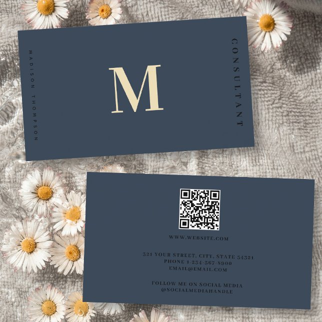 Professionell Elegant Blue Guld Monogram QR-kod Visitkort (Professional Elegant Blue Gold Monogram QR Code Business Card)