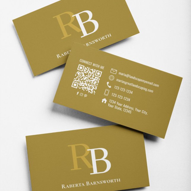 Professionell Elegant Brun Monogram QR-kod Visitkort (Elegant brown monogram business card stack showcasing a refined design for professional networking.)