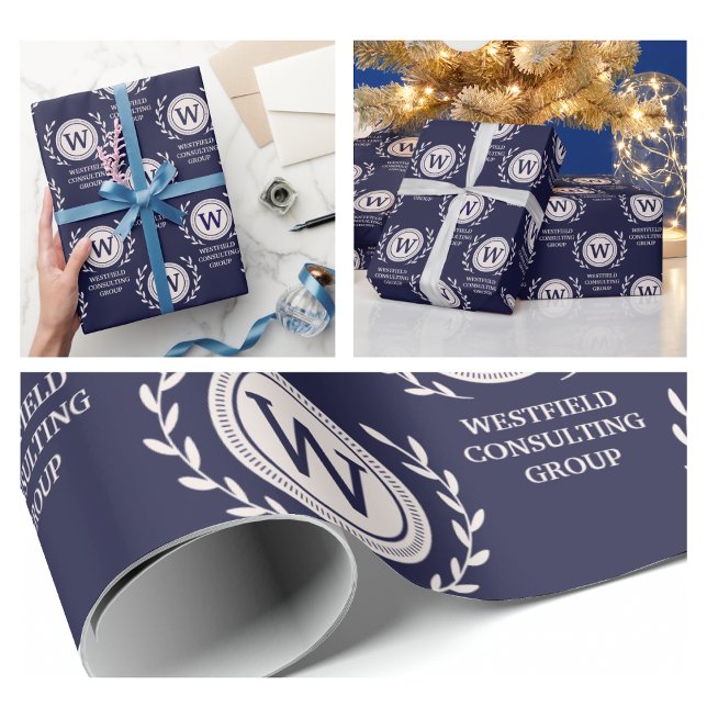 Professionell Elegant Business Monogram Gift-figur Presentpapper (Professional Elegant Business navy blue corporate marketing advertising swag modern simple wrapping )