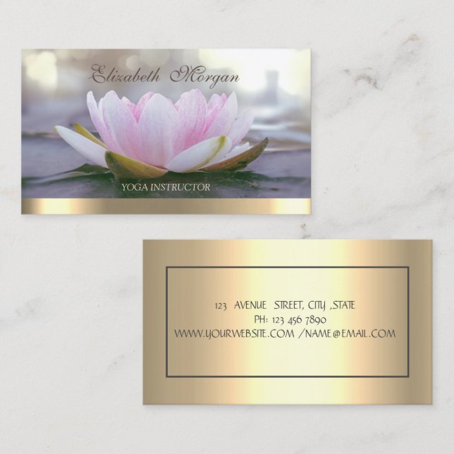 Professionell Elegant Rosa Lotus, Guldrand Yoga Visitkort (Fram/baksida)