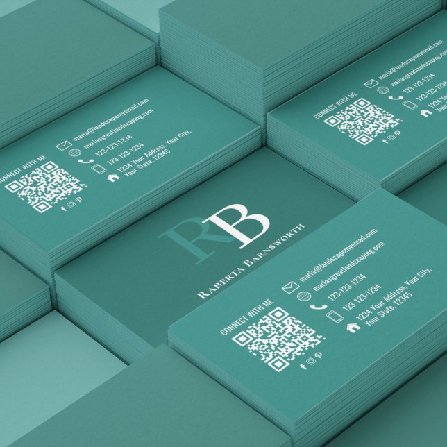 Professionell Elegant Teal Monogram QR-kod Visitkort (Elegant teal monogram business card stack showcasing a professional branding design with custom init)