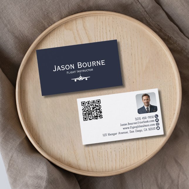 Professionell Employee Photo QR Code Blue Aviation Visitkort (Skapare uppladdad)