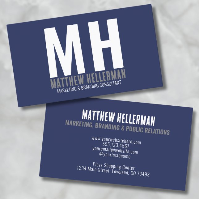 Professionell Enkel Marinblå Monogram Visitkort (Navy Blue Simple Professional Monogram Business Card)