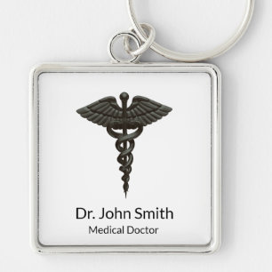 Professionell Enkel medicinsk Caduceus Black White Fyrkantig Silverfärgad Nyckelring