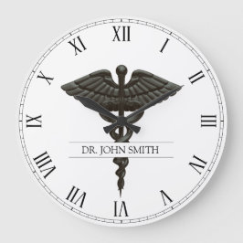 Professionell Enkel medicinsk Caduceus Black White Stor Klocka