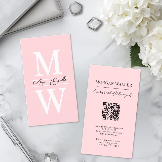 Professionell Enkel Rosafärgad Monogram Visitkort (Professional Simple Blush Pink Monogram Business Card)