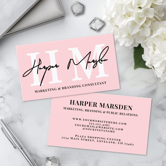 Professionell Enkel Rosafärgad Monogram Visitkort (Professional Simple Blush Pink Monogram Business Card)