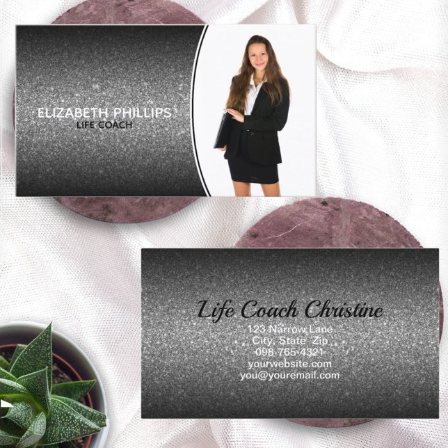 Professionell Event Planner Black Ombre Glitter Visitkort (business card front and back design)