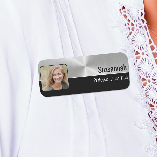 Professionell Faux Metallic Silver Anpassningsbar  Namnbricka (Custom photo silver black name tag)