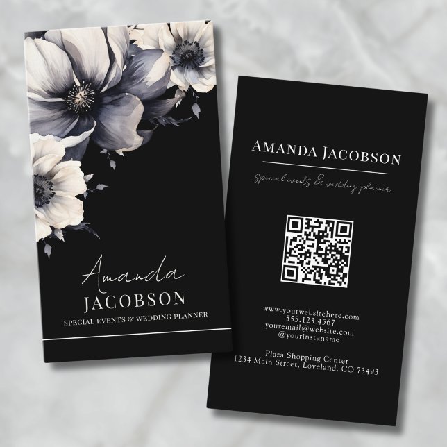 Professionell för Elegant av svart Blommigt för lo Visitkort (Vertical QR Code Black Floral Elegant Professional Business Card)