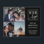 Professionell för svart fotokollage Logotyp-fotosk Flygblad<br><div class="desc">Dubblans flygblad för en professionell fotograf,  där du kan visa tre av dina foton tillsammans med logotypen. Lägg till namn och specialitet eller titel eller tjänst på omslaget. Baksidan har faux guld-spatter,  en annan logotyp och din kontaktinformation i svart.</div>
