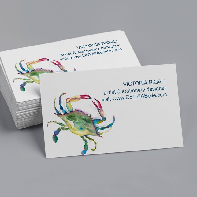 Professionell för vattenfärgssegment för kustblåa  visitkort (Business cards coastal watercolor blue crab art by Victoria Grigaliunas of Do Tell A Belle)