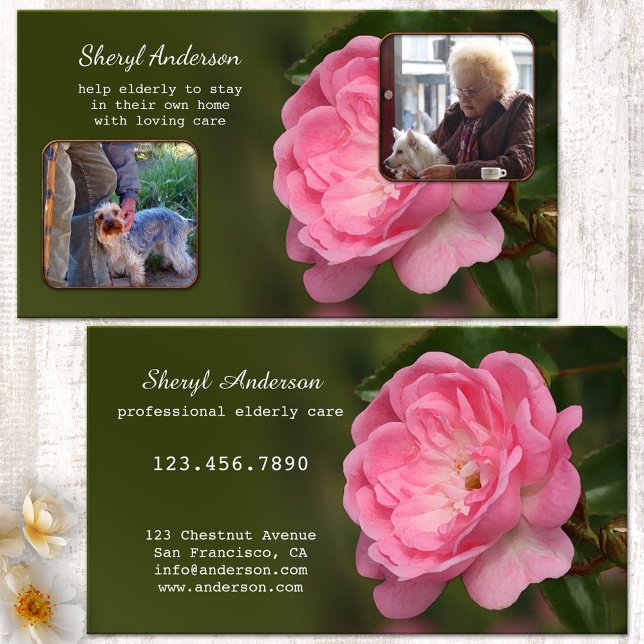Professionell foto för äldreomsorg visitkort (Professional elderly or senior citizen care business card showing two photos on green - pink flower)