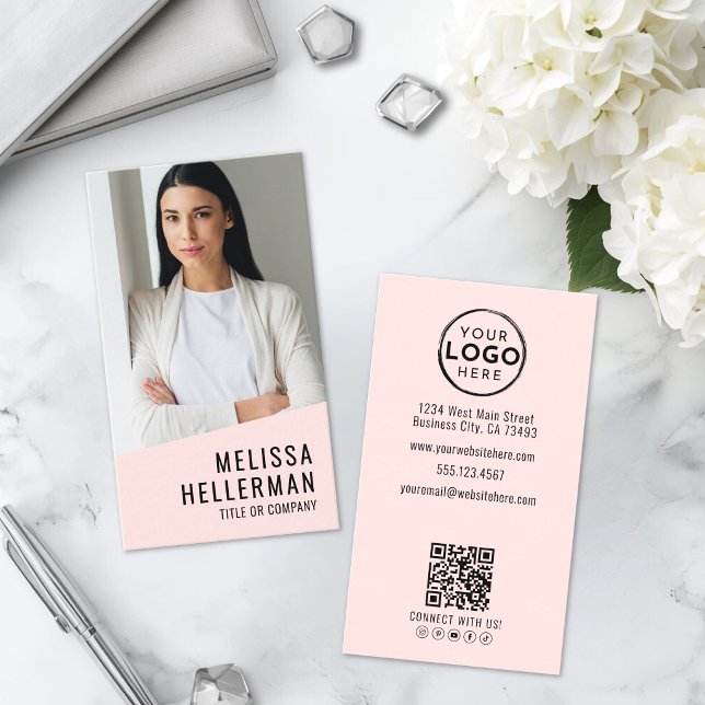 Professionell Foto QR-kod Logotyp Rosenskär Rosa Visitkort (Professional Photo QR Code Logo Blush Pink Business Card )