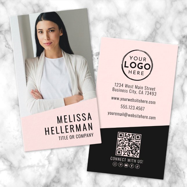 Professionell Foto QR-kod Logotyp Vertikal Rosa Visitkort (Professional Photo QR Code Logo Vertical Pink Business Card)