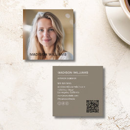Professionell Foto QR Social Media Taupe Fyrkantigt Visitkort
