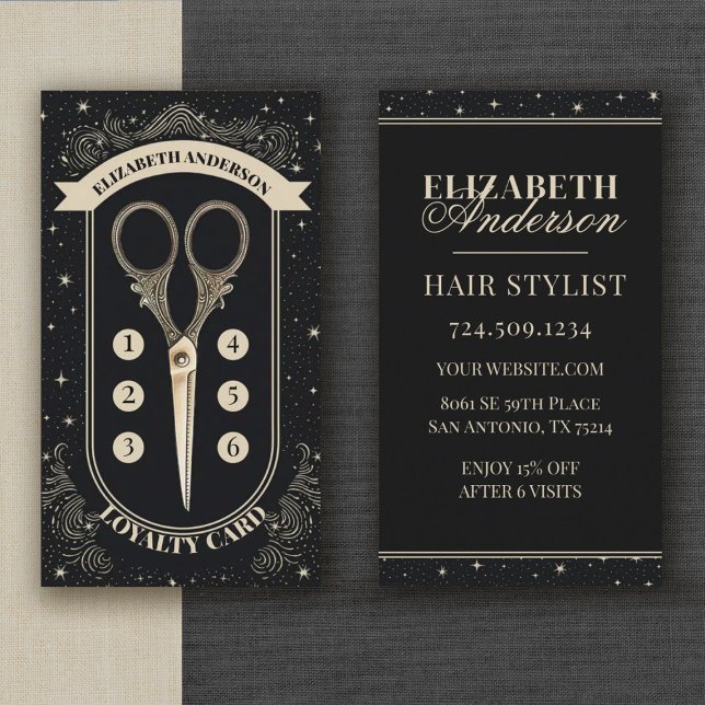 Professionell Frisörskönhetssalong Lojalitetskort (An elegant vintage scissors hair stylist loyalty card. Personalize it with your information.)