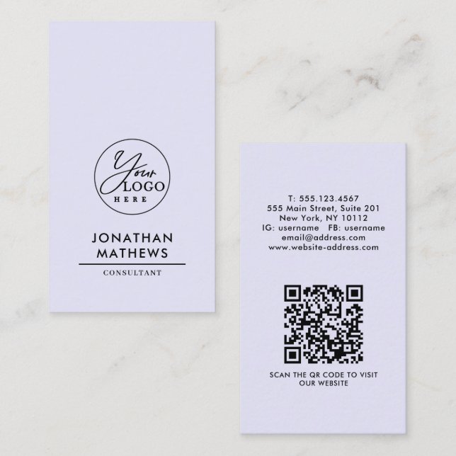 Professionell generisk lavendelfärgad logotyp QR-k Visitkort (Fram/baksida)