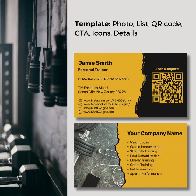 Professionell Golden Gult Personal Trainer Visitkort (Professional Golden Yellow Personal Trainer Business Card, QR code, Service List, Icons)