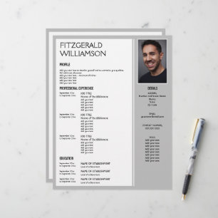Professionell Grått Anpassningsbar Photo RESUME  Brevhuvud