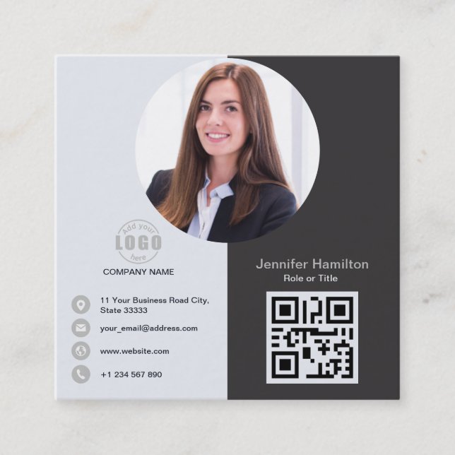 Professionell Grått lägg till ditt fotot QR-kodrap Fyrkantigt Visitkort (Framsida)